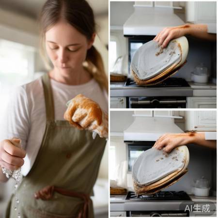 “湿布洗洁精，轻擦油烟机表面。