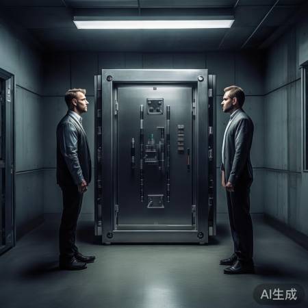 “两人面对保险柜面板站立”