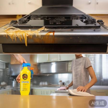 “油污一喷即净,油烟机焕然一新