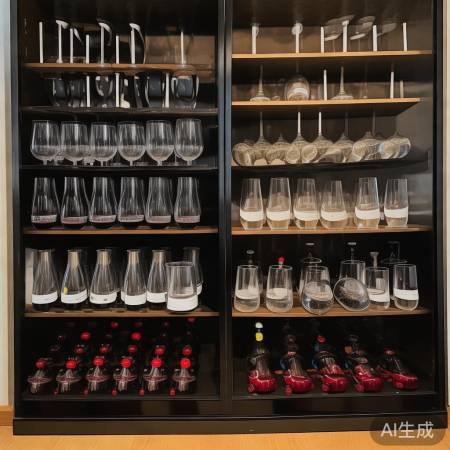 酒杯分类摆放,倒扣趣味增。